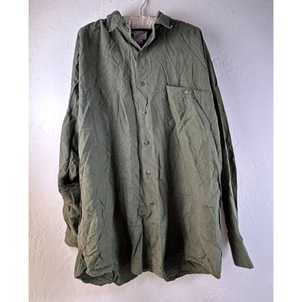 Goouch Men's Silk Long Sleeve Button Up Shirt Large Casual Preppy Green Pocket